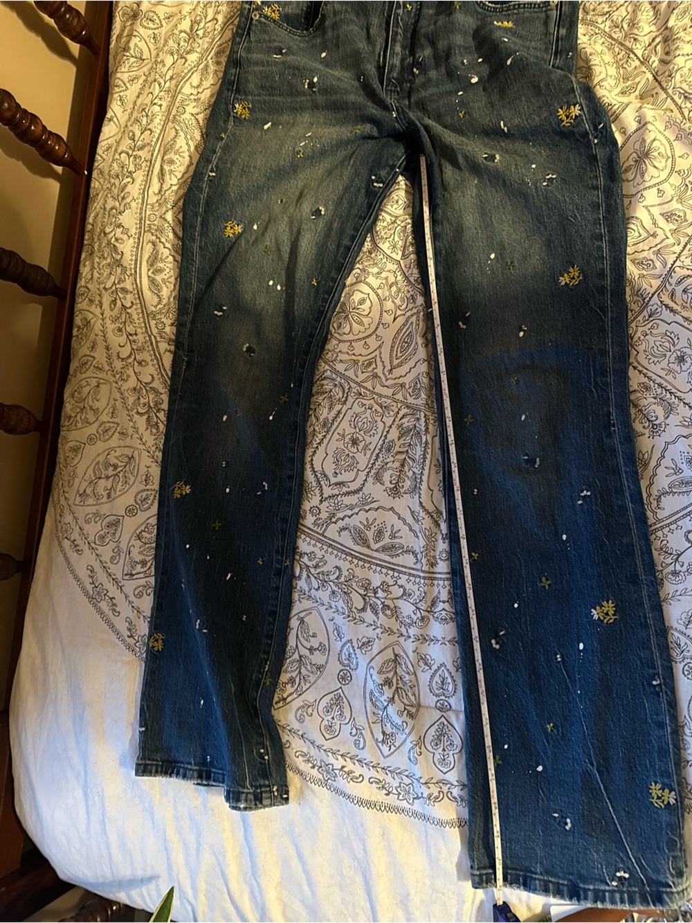 Pilcro Dark Blue Embroidered Flare Jeans with White Paint Accents - Picture 4 of 6